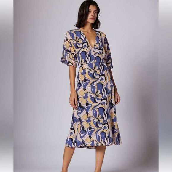 Equipment Rosita  Blue Yellow Silk Floral Midi Dress | Size XL - Picture 1 of 10